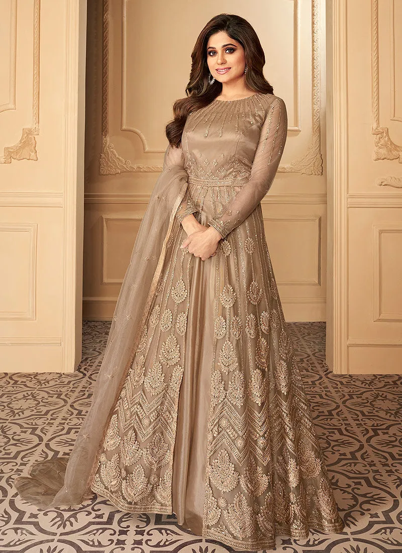 Beige Golden Designer Anarkali Lehenga