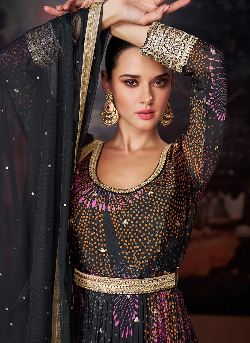 Black Sequence Embroidery Digital Printed Slit Style Anarkali Suit