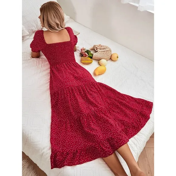 boho Polka Dot Shirred Puff Sleeve Split Thigh Ruffle Hem midi Dress red