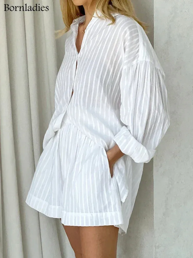 Casual Shorts & Cozy Lapel Lantern Long Sleeve Shirt Summer Outfits