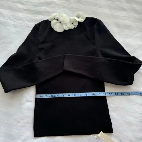 Commense Unique Floral Collar‎ Detail Long Sleeve Black Sweater  M