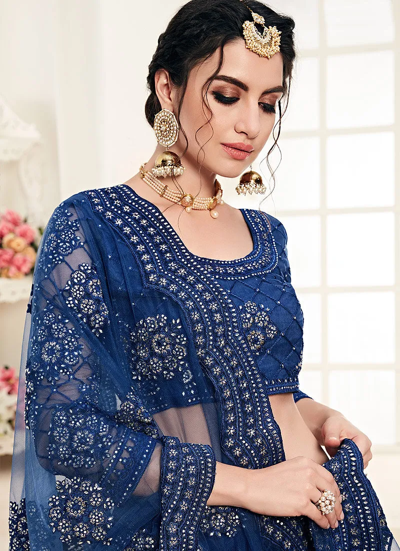 Dark Blue Pearl Embroidered Wedding Lehenga Choli