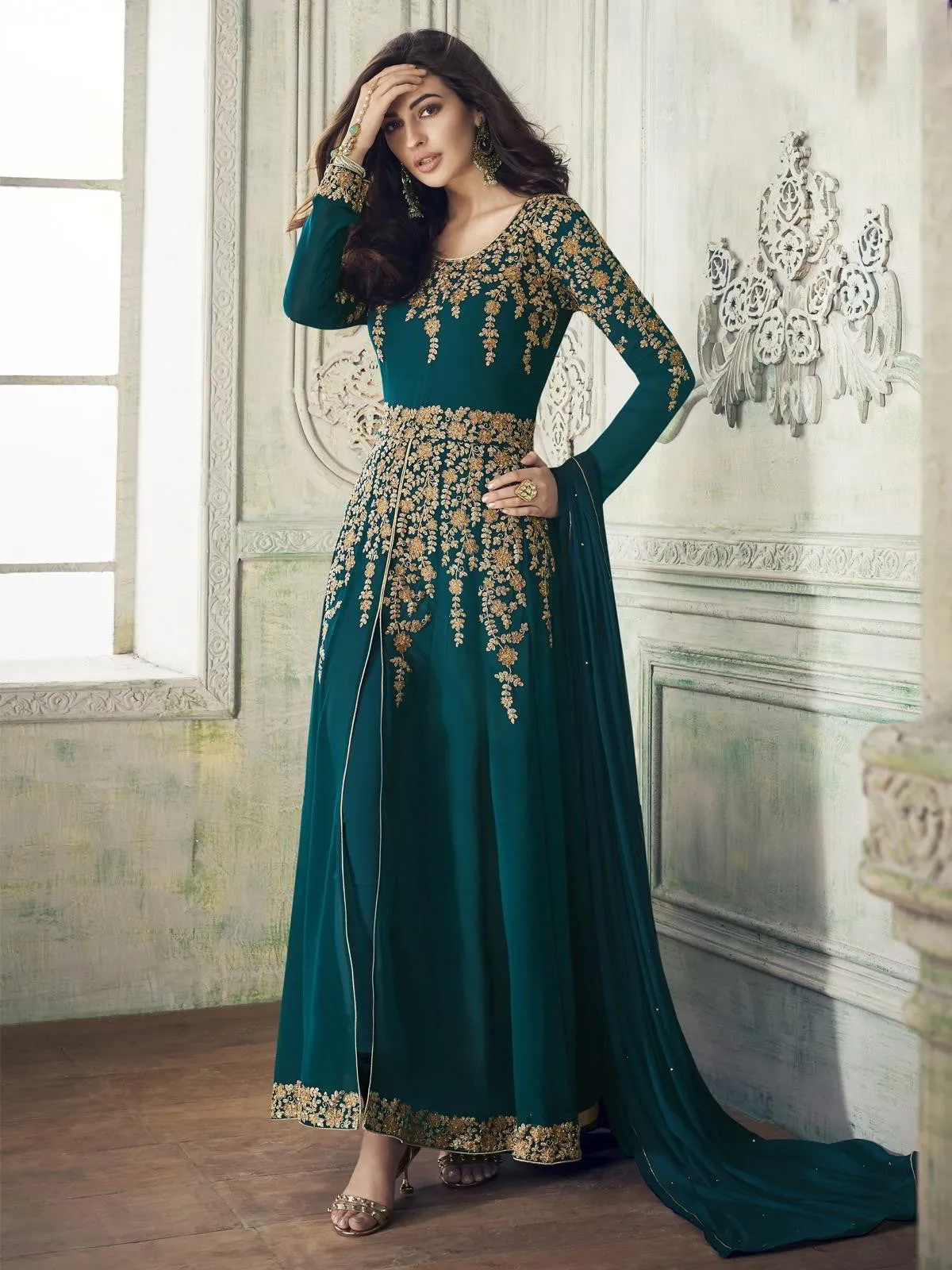 Deep Turquoise Overall Embroidered Party Wear Pant Suit