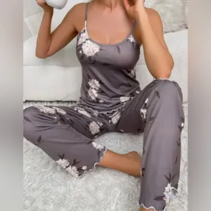 Floral Tank Top Lettuce Trim PJ Set