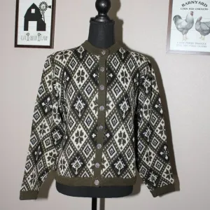 Jersild Womens Vintage Wool Sweater Green Black Grandma Cardigan Size Large