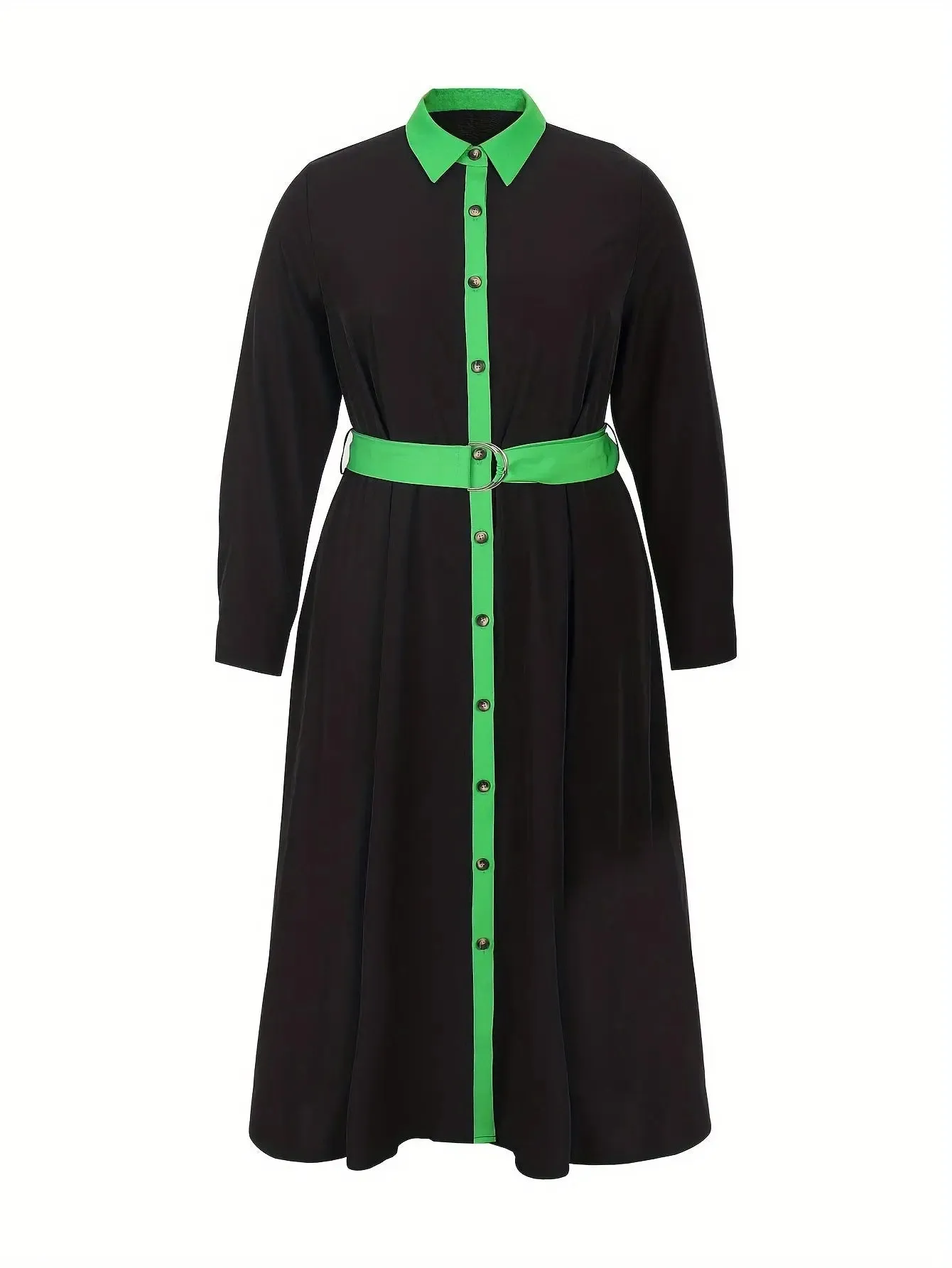 Lapel Collar Contrast Dress with Belt