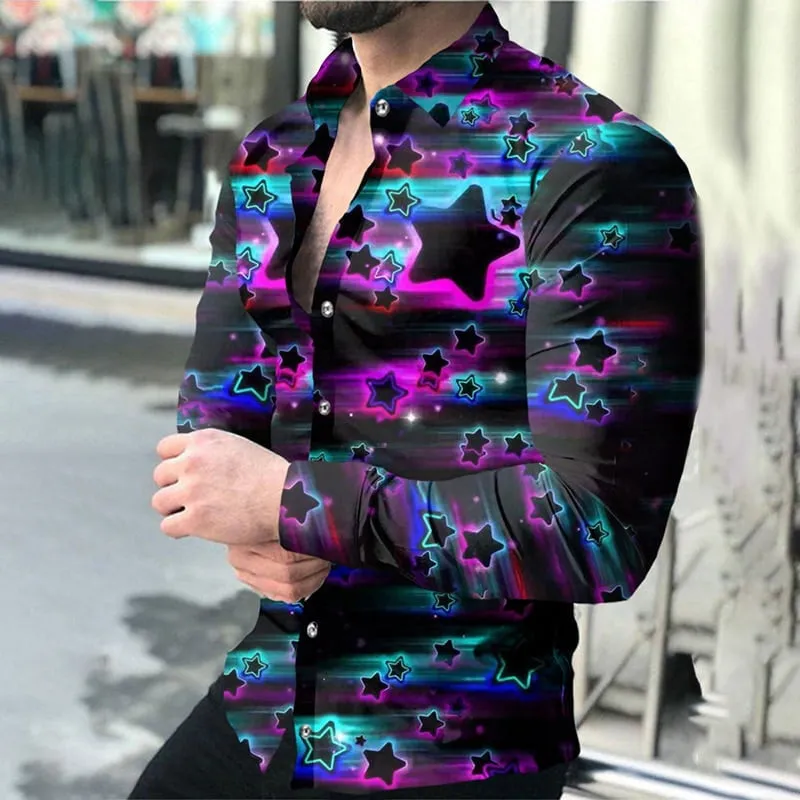 Men's bright five-pointed star geometric print long-sleeved shirt