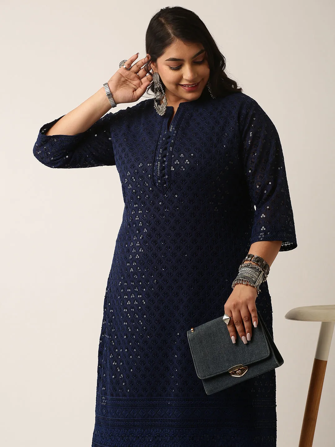 Navy Blue Georgette Mandarin Collar Neck 3/4th Sleeves Chikankari Embroidery Ethnic Wear Kurta for Women - ZOLA