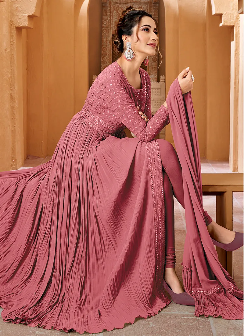 Rose Pink Mirror Work Embroidery Slit Style Anarkali Suit