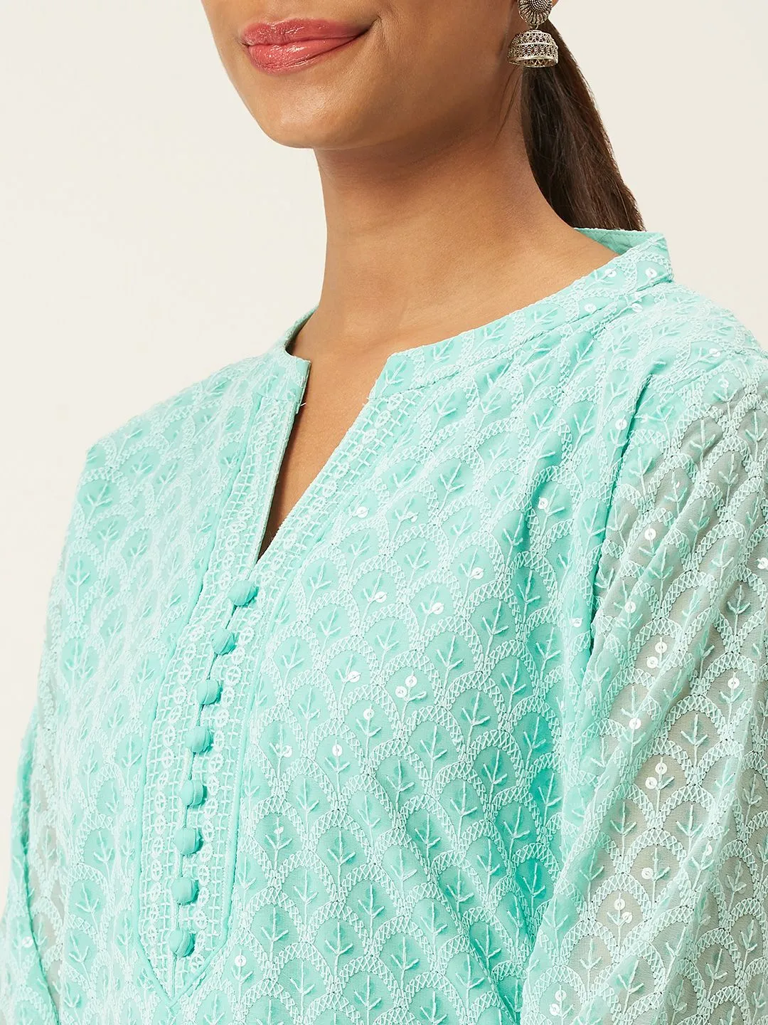 Sea Green Georgette Mandarin Collar 3/4th Sleeves Chikankari Embroidery Ethnic Wear Kurta for Women - ZOLA