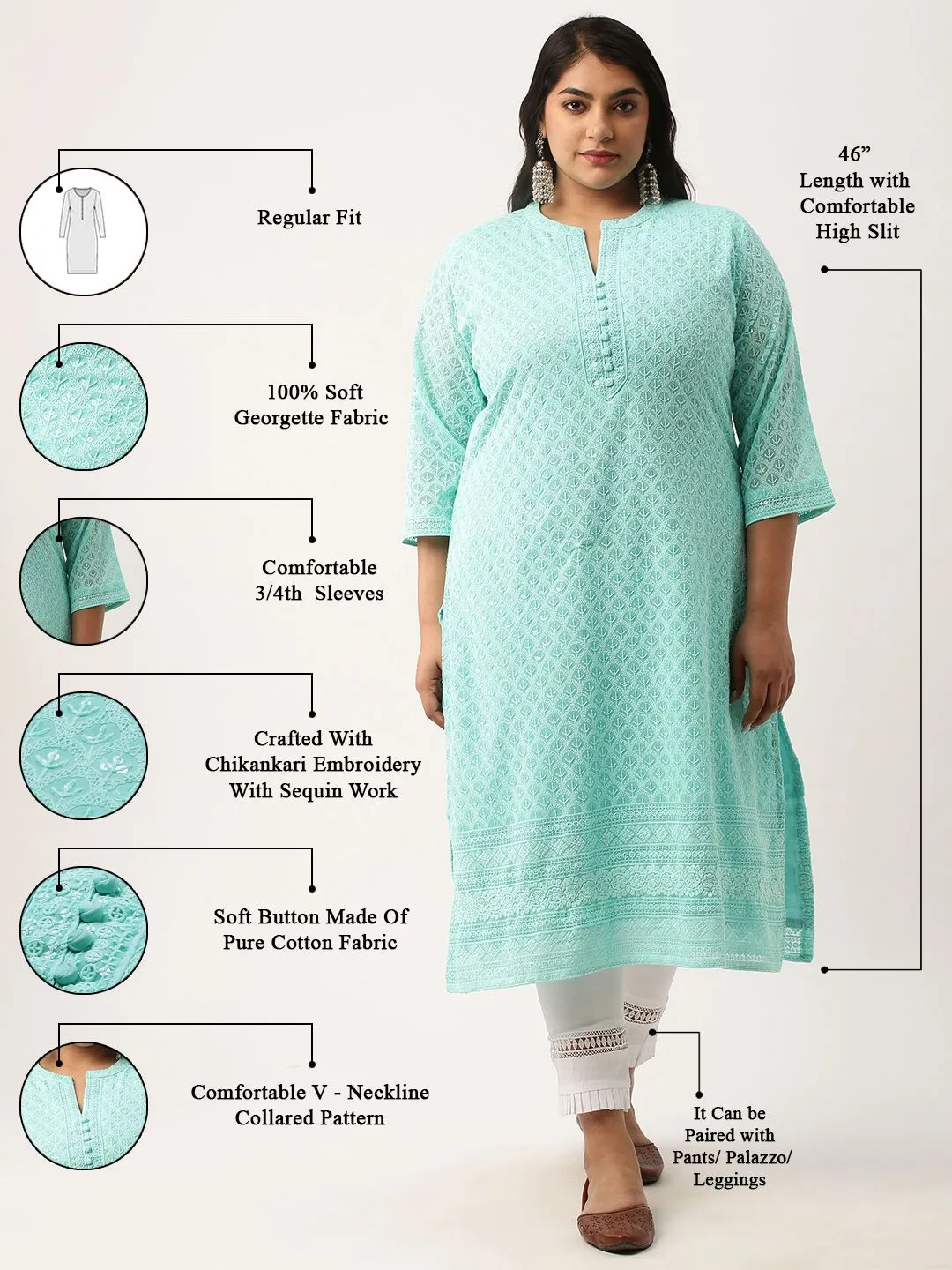 Sea Green Georgette Mandarin Collar Neck 3/4th Sleeves Chikankari Embroidery Ethnic Wear Kurta for Women - ZOLA