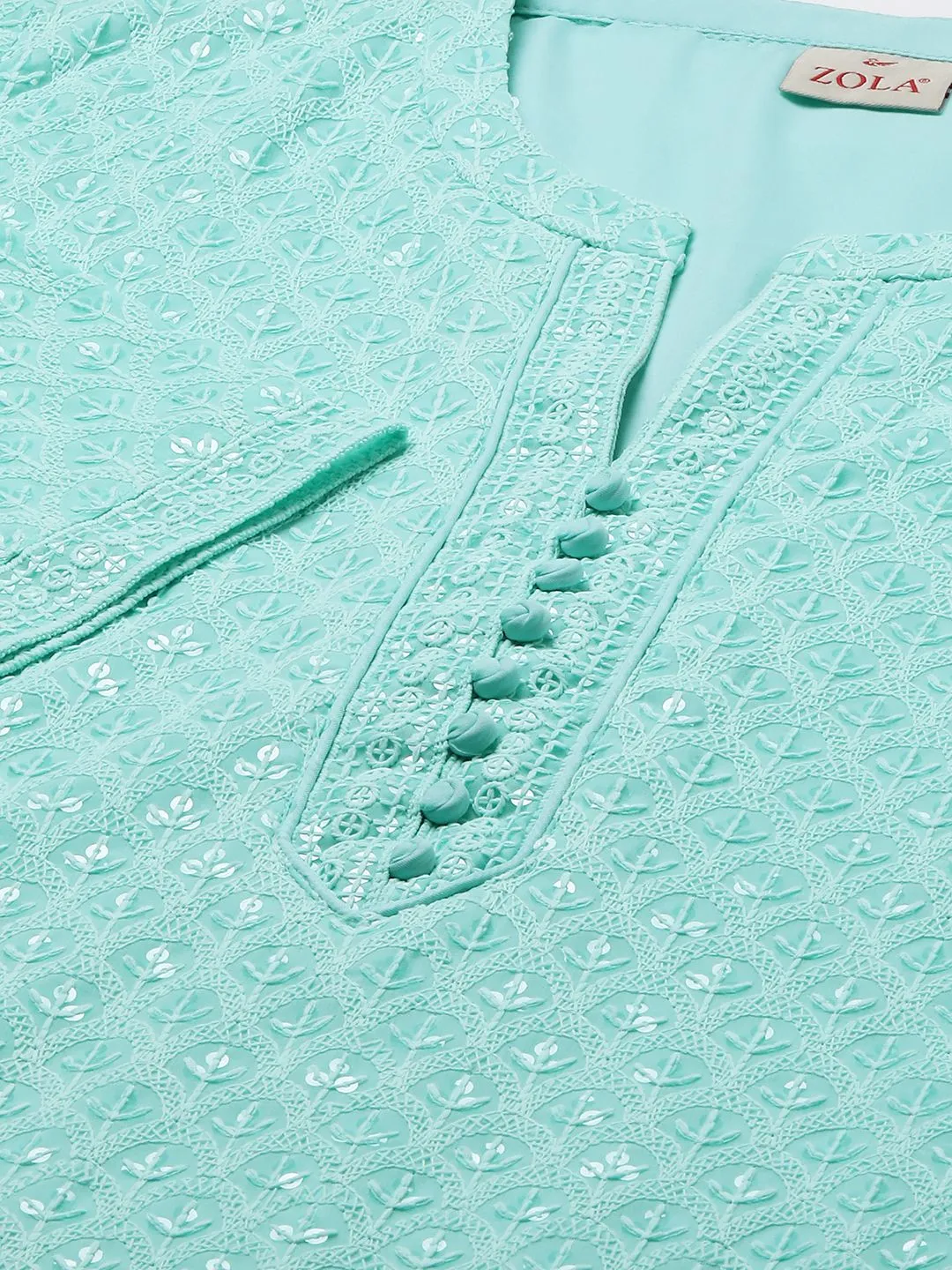 Sea Green Georgette Mandarin Collar Neck 3/4th Sleeves Chikankari Embroidery Ethnic Wear Kurta for Women - ZOLA