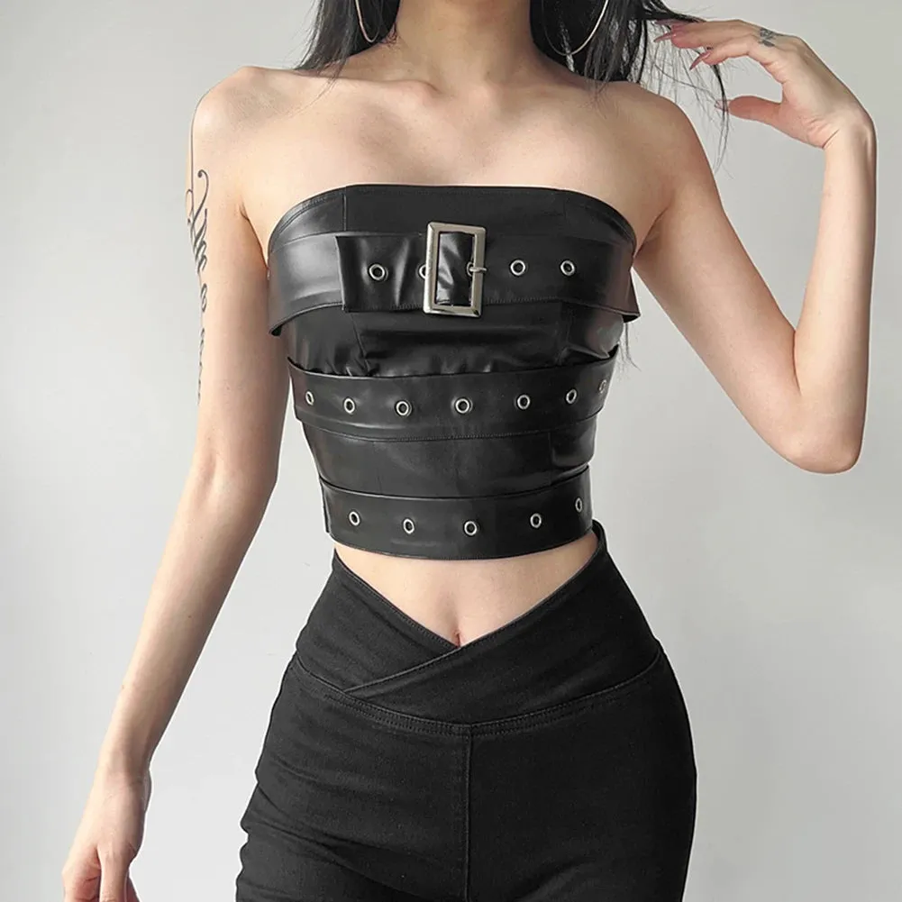 Top Black Leather Party Festival Top