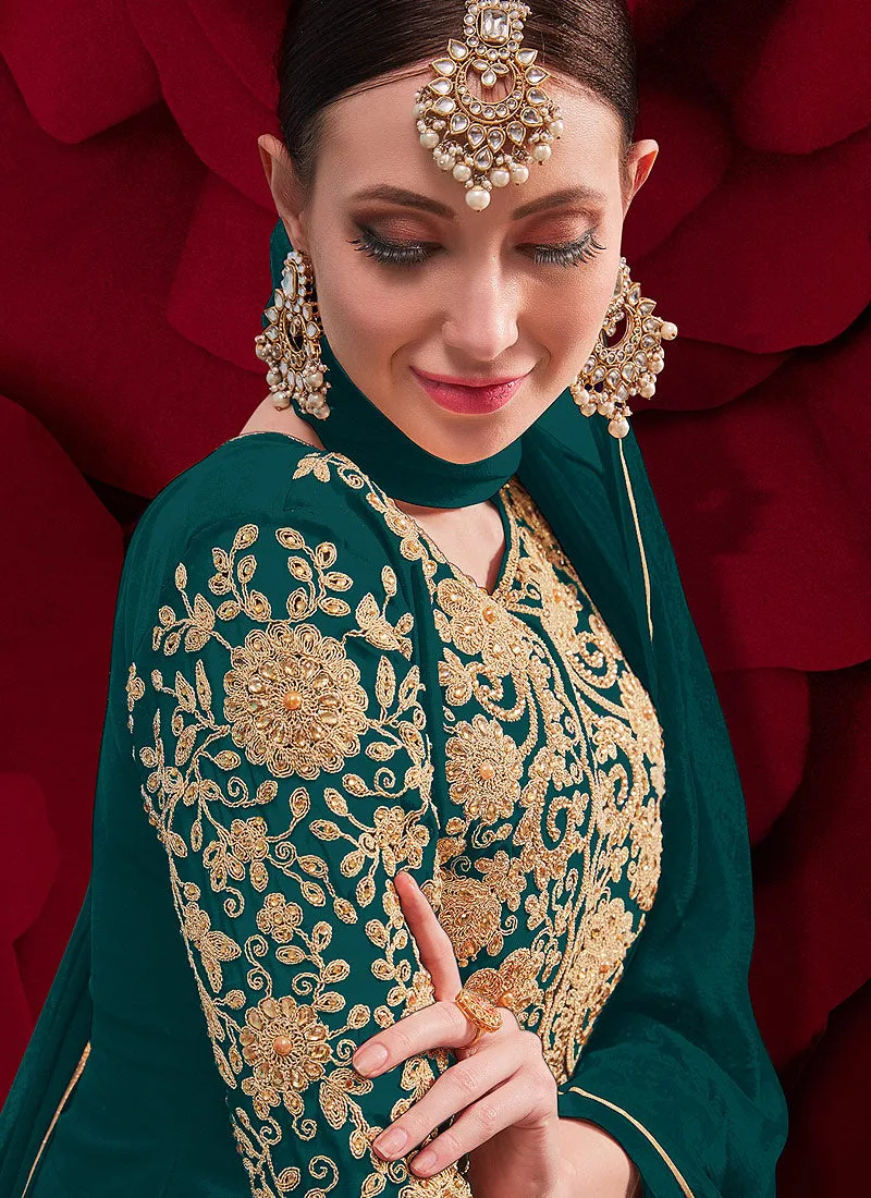 Turquoise Golden Embroidered Slit Style Anarkali Pant Suit