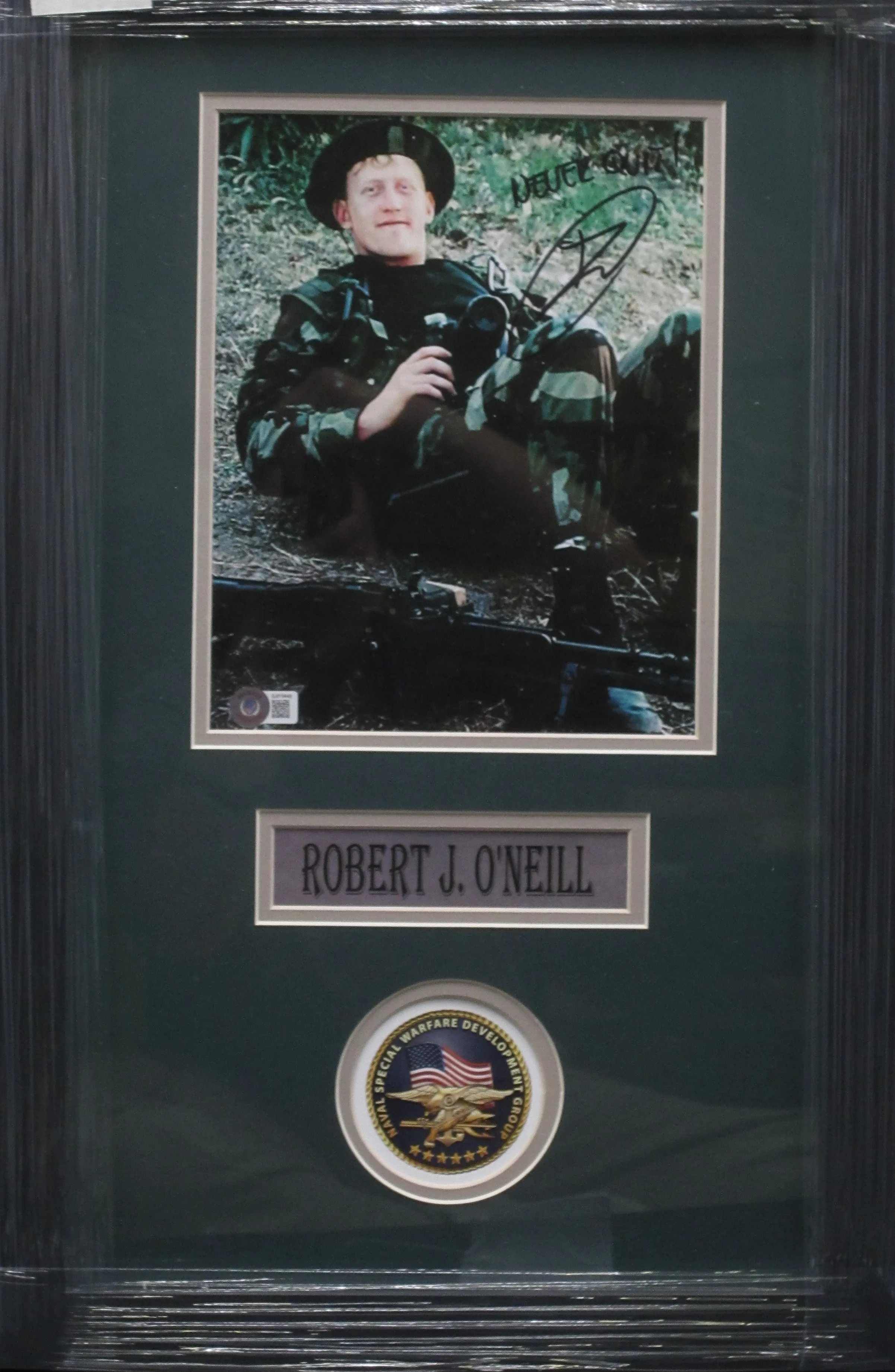United States Navy Seal Team Six Osama bin Laden Killer Robert J. O'Neill Hand Signed Autographed 8x10 Photo with NEVER QUIT! Inscription Framed & Matted with BECKETT COA