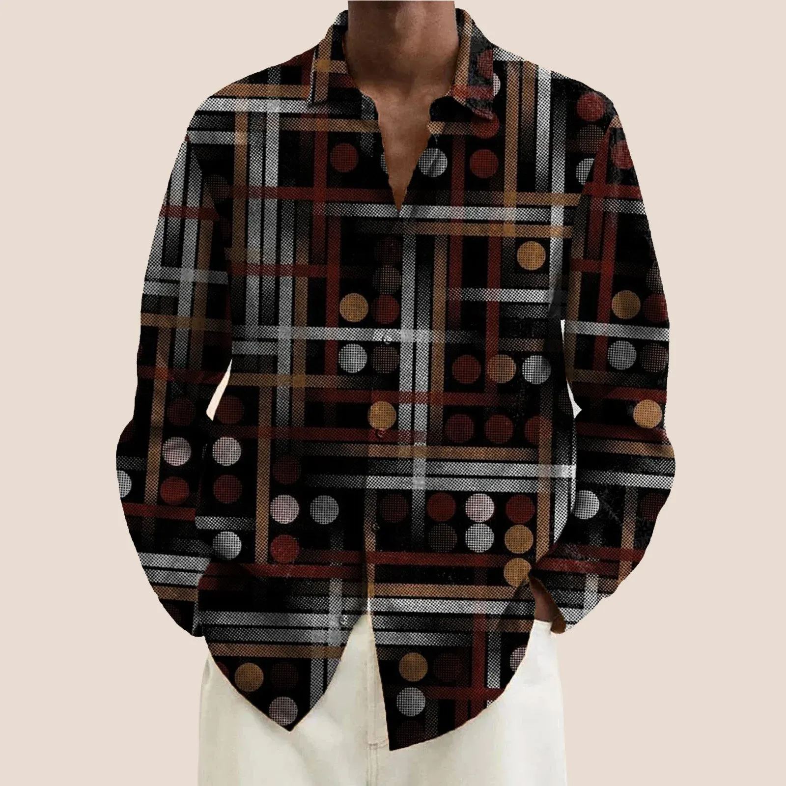 Vintage Gemetric Print Button Pocket Long Sleeve Shirt 2410005287