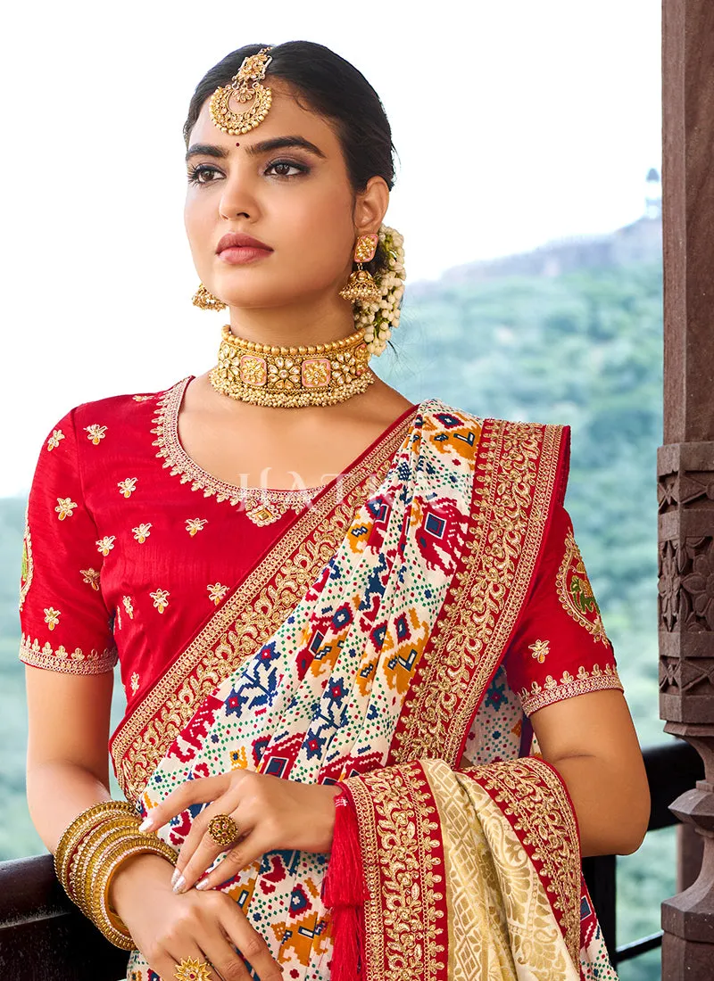 White And Red Multi Embroidered Silk Saree