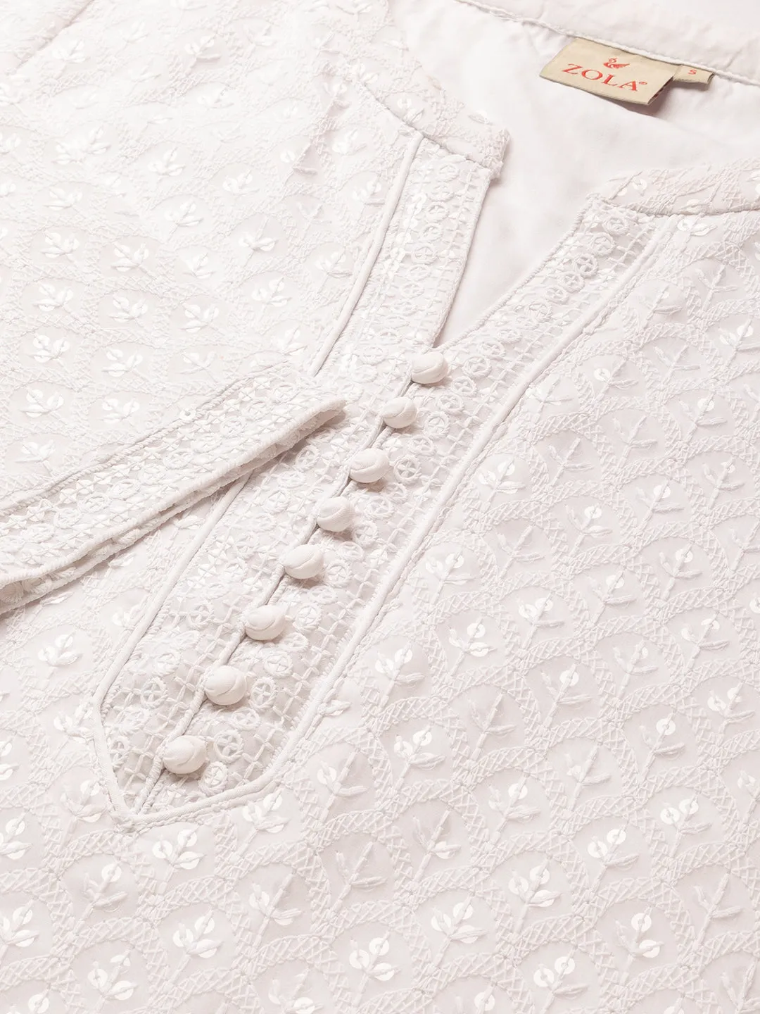 White Georgette Mandarin Collar 3/4th Sleeves Chikankari Embroidery Ethnic Wear Kurta for Women - ZOLA