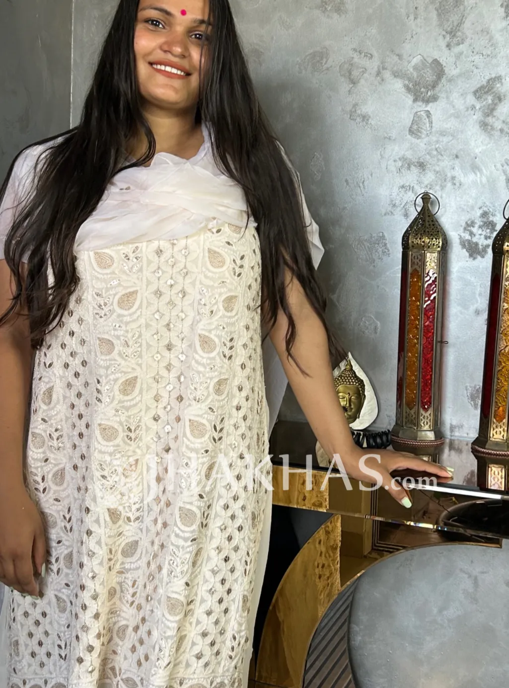 White Gold Luxurious Fancy Chikankari Gota Salwar Kameez unstitched fabric
