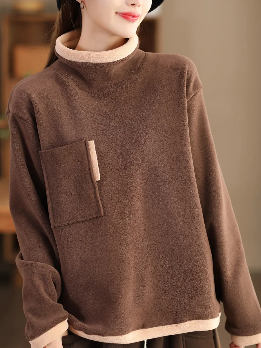 Women Casual Winter Spliced Turtleneck Fleece Sweatshirt