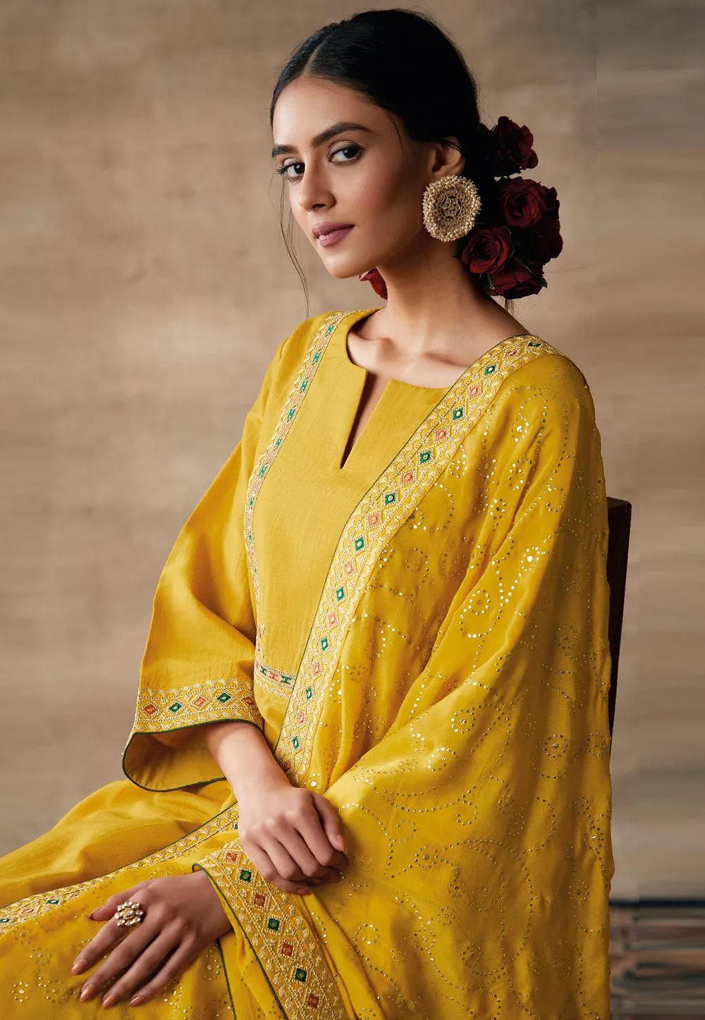 Yellow Embroidered Designer Palazzo Suit