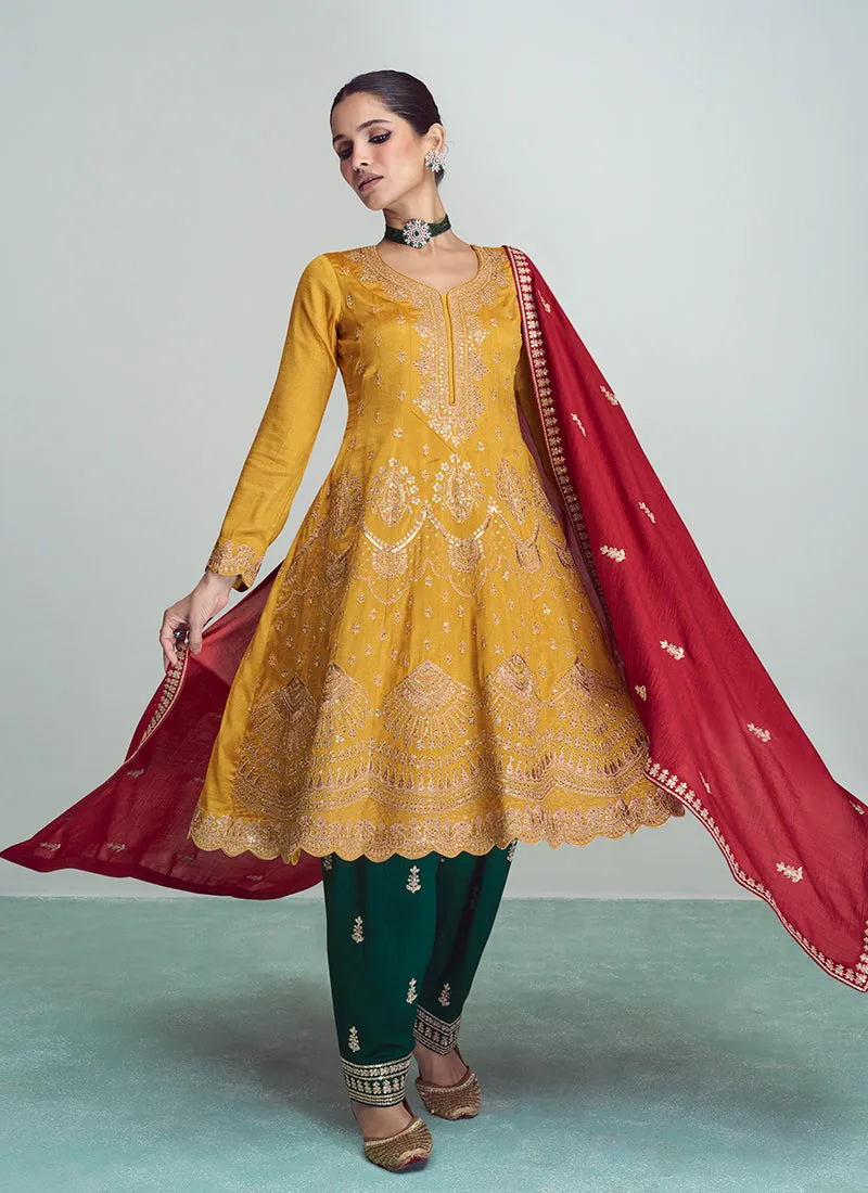 Yellow Golden Sequence Embroidery Anarkali Pant Suit
